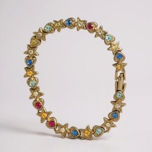 Gold Star and Heart unmarked vintage Multicolor Gemstone tennis Bracelet